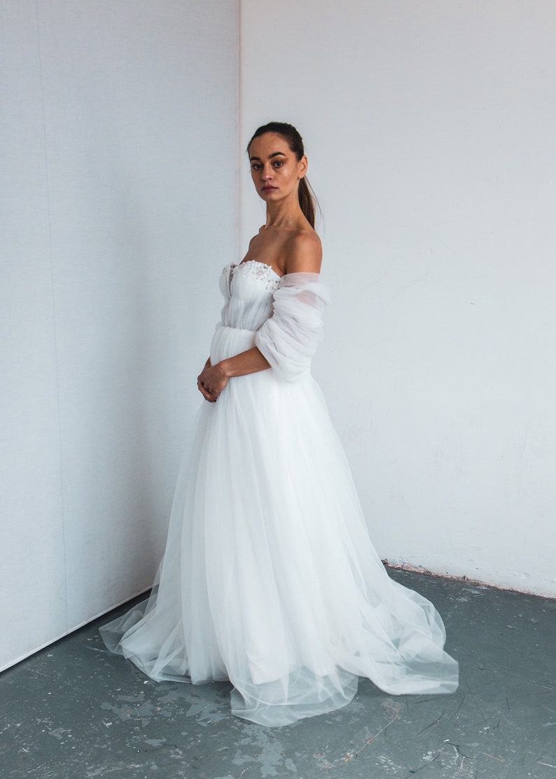 Bohemian Tulle Wedding Dress Off Shoulder Wedding Gown Boho Bridal Gown Detachable Sleeve Wedding Dress Sweetheart Dress image 5