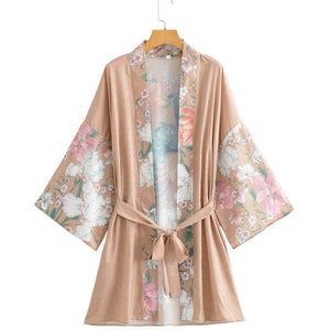 Luxury Floral Kimono Robe, Women's Bohemian Kimono, Long Duster Jacket with dragon pattern, Boho Dressing Gown, Kimono Robe, Boho Bathrobe Gold 3/4 Length