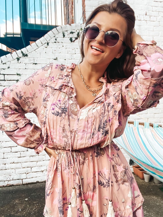 Boho Pink Summer Dress Boho Floral Dress Tassel Hippie Dress