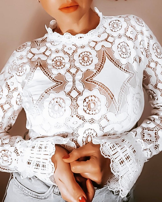 Bohemian White Lace Blouse Boho Top 