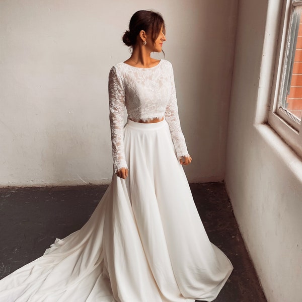 Bohemian Two Piece Lace Wedding Dress| Long Sleeve Boho Wedding Gown | Boho Bridal Gown | Boho Wedding | Boho Bride | Bohemian Bridal Set