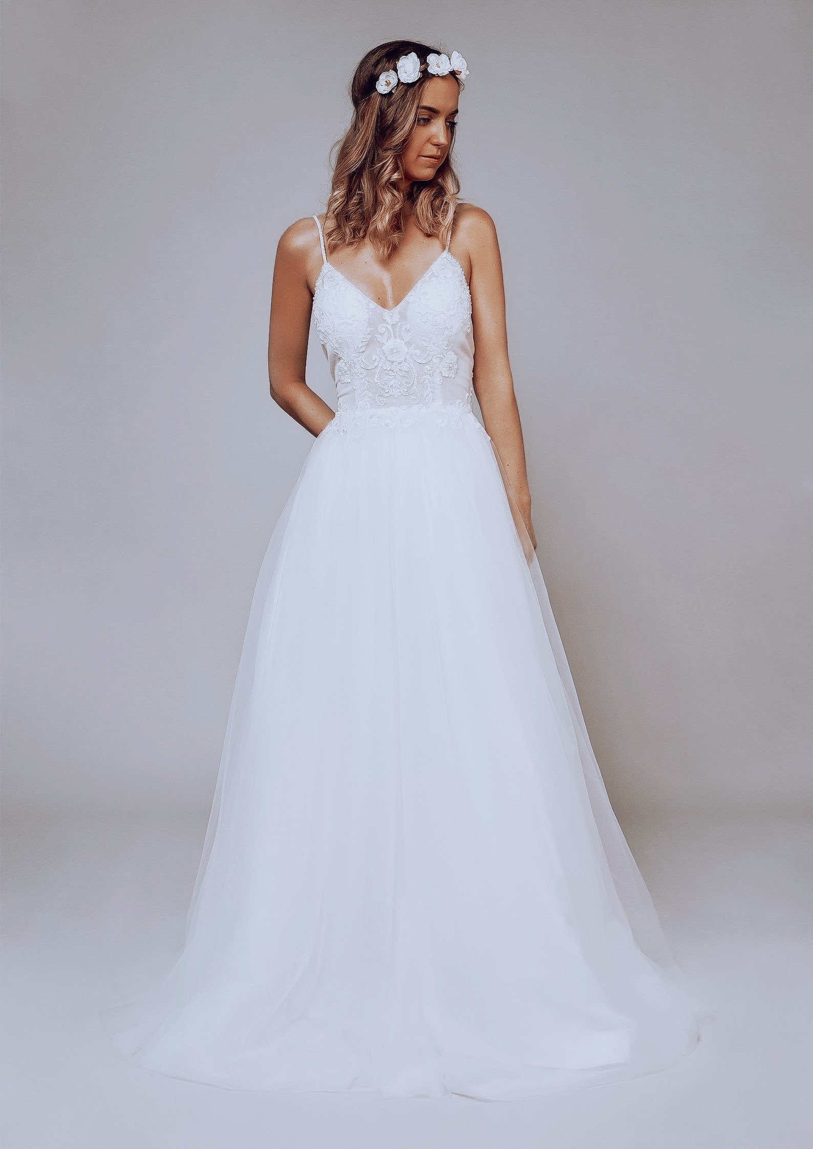 Spaghetti strap empire shop waist wedding dress