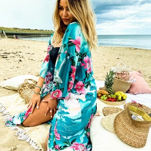 Green Bohemian Floral Beach Robe, Green Boho Kimono Jacket, Bohemian Holiday Dress, Boho Beach Robe, Flower Cotton Beach Robe, Green Kimono