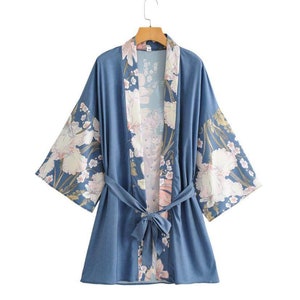 Luxury Floral Kimono Robe, Women's Bohemian Kimono, Long Duster Jacket with dragon pattern, Boho Dressing Gown, Kimono Robe, Boho Bathrobe Blue 3/4 Length