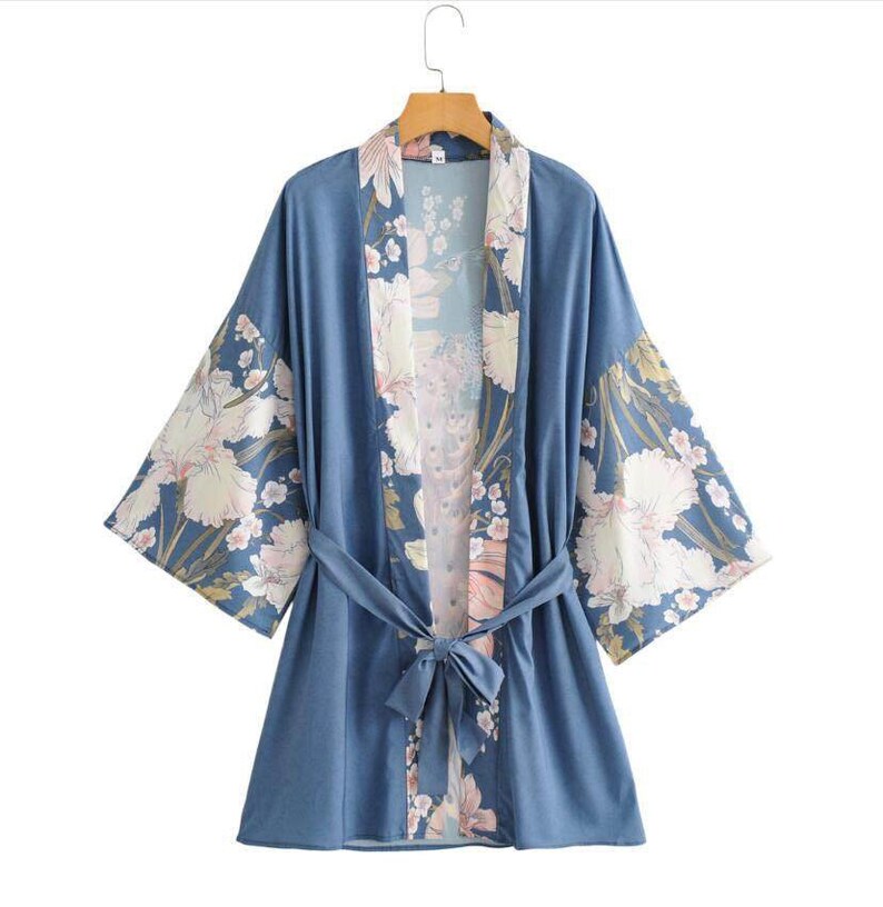 Luxury Floral Kimono Robe, Women's Bohemian Kimono, Long Duster Jacket with dragon pattern, Boho Dressing Gown, Kimono Robe, Boho Bathrobe Blue 3/4 Length