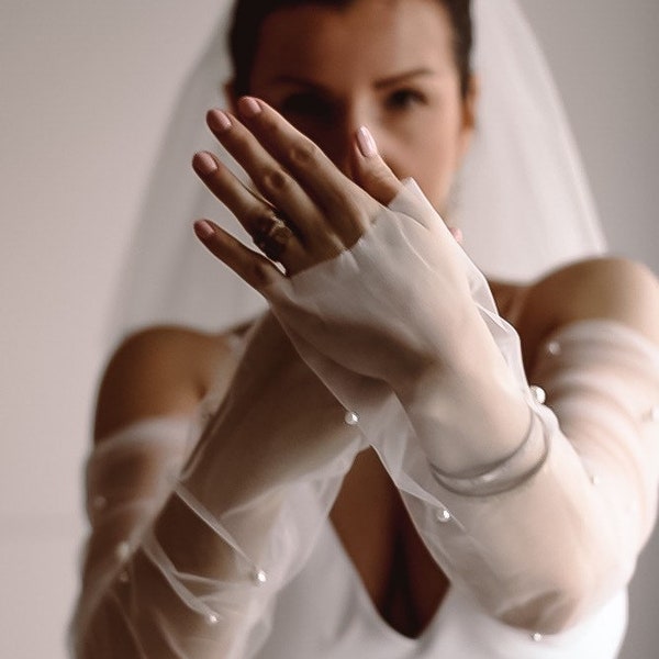 Fingerless Tulle Long Wedding Gloves, Bridal tulle gloves, Super soft tulle extra long gloves, Sheer wedding gloves, Pearl wedding gloves