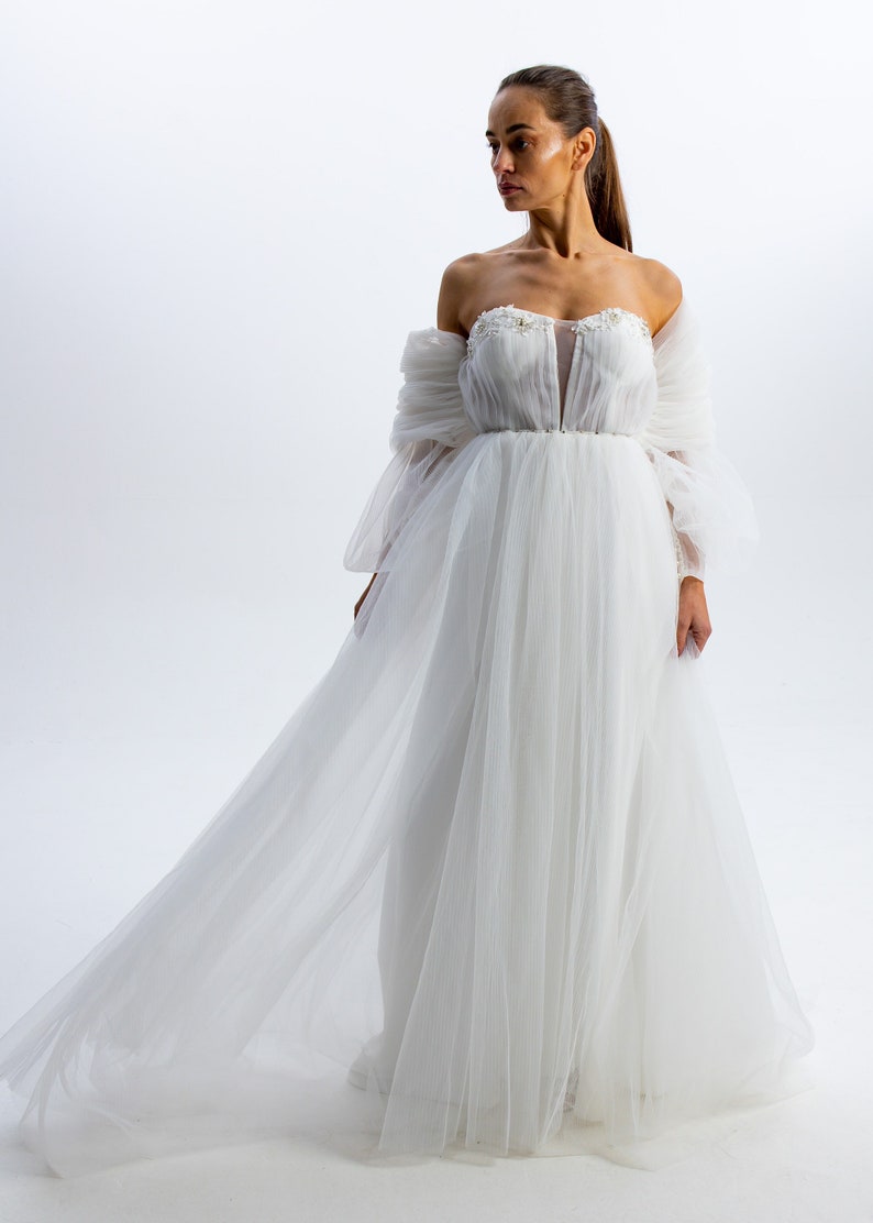Bohemian Tulle Wedding Dress Off Shoulder Wedding Gown Boho Bridal Gown Detachable Sleeve Wedding Dress Sweetheart Dress image 3