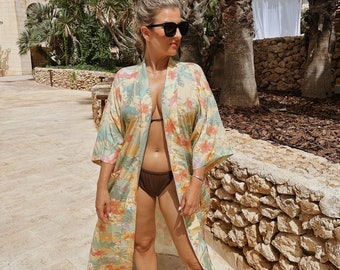 New 2024 Summer Beach Robe, Floral Summer Boho Kimono, Embroidered Bohemian Kimono, Boho Khaki Jacket, Boho Dressing Gown, Boho Beach Kimono