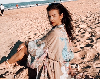 Bohemian Floral Beach Robe with Peacock Pattern, Boho Kimono, Bohemian Kimono Robe, Boho Duster Jacket, Boho Dressing Gown, Boho Beach Robe