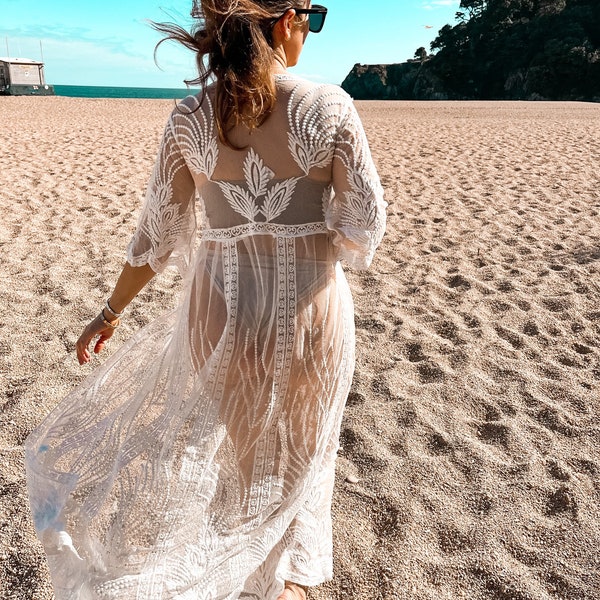 Boho Brautspitze Strand Cover Up, weißes Langarm Strandkleid, Boho Kimono Kleid, Braut Cover Up, Flitterwochen Boho Braut Robe in Weiß