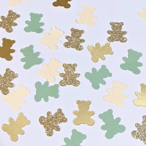 Confettis ours en peluche / Vert sauge et or / Décorations neutres en matière de genre / Décorations pour baby shower / Déco de fête / Pique-nique ours en peluche
