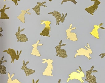 Confete artesanal de coelhinho da Páscoa | Decoração de mesa com glitter dourado, rosé e prateado