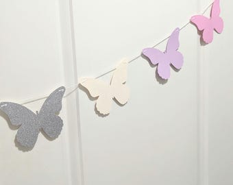 Guirnalda de mariposas / Rosa pastel, morado, vainilla y purpurina plateada / Fiesta de cumpleaños para niñas (2,5 m)