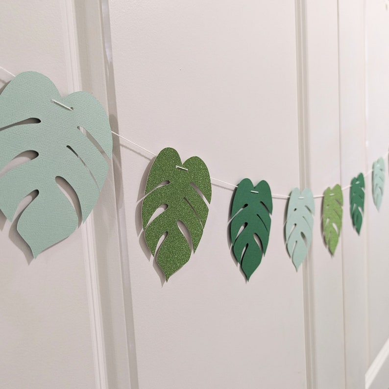 Jungle Leaf Bunting 2.5m / Sage, Dark Green and Glitter Leaf Bunting / Garland Party Decoration image 1