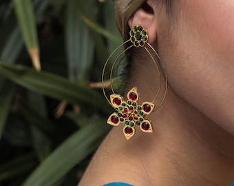 Red/Green Kemp Stones Dangler Statement Earrings | High Quality Gold Plated Handmade South indian Temple Jewelry | Gifts for Her