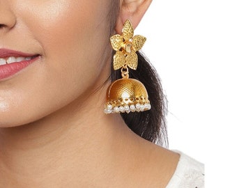 White Pearls Statement Contemporary Jhumka Earrings | Antique Gold Plated Bollywood Indian Jewelry | Gifts for Her