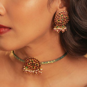 Red/Green Kemp Stones, Pearls & Zari Fabric Choker Necklace With Stud Earrings | Gold Plated South Indian Jewelry | Birthday Gifts for Her
