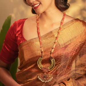 Red/Green Kemp Stones, White Pearls & Zari Fabric Long Necklace With Stud Earrings |Gold Plated South Indian Jewelry |Birthday Gifts for Her