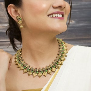 100% Handmade Natural Organic Terracotta Clay Antique Gold/Green/Red Elephant Design Motifs Choker Necklace Set | Traditional Indian Jewelry