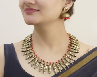 USA Duty Free | Handmade Terracotta Antique Gold/Red Statement Choker Necklace With Jhumka Earrings|Traditional South Indian Jewelry