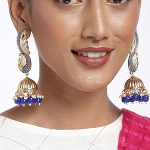 Kundan Stones, Blue Beads & White Pearls Statement Jhumka Earrings | Gold Plated Bollywood Indian Jewelry | Gifts for Her