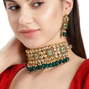 Green Beads, Kundan Stones & Pearls Choker Necklace With Dangler Earrings | Gold Plated Bollywood Indian Jewelry | Gifts for Her
