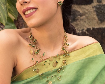 Green Kemp Stones With Coin Motifs Layered Statement Necklace With Stud Earrings | Gold Plated South Indian Jewelry | Birthday Gifts for Her