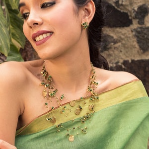 Green Kemp Stones With Coin Motifs Layered Statement Necklace With Stud Earrings | Gold Plated South Indian Jewelry | Birthday Gifts for Her