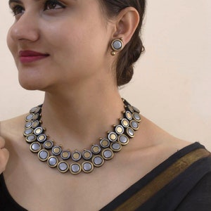 Handmade Terracotta Choker Necklace & Stud Earrings: Antique Gold/Silver Indian Jewelry