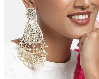 High Quality Gold Plated Kundan Stones & Pearls Dropping  Tear Drop Designer Dangler Earrings | Bollywood Indian Jewelry