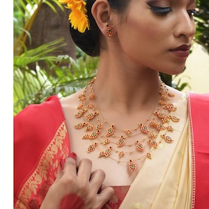 Red/Green Kemp Stones Layered Statement Necklace With Stud Earrings | Gold Plated South Indian Temple Jewelry | Birthday Gifts for Her