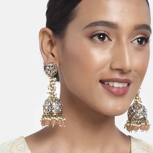 Antique Gold Plating Orange Beads & Pearls Dome Shaped Jhumka Earring | Bollywood Indian Trendy Jewelry | Gifts for Her