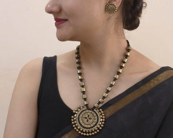 Handmade Terracotta Clay Antique Gold/Black Long Necklace With Stud Earrings | South Indian Traditional Jewelry | Gifts for Her