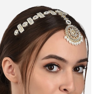 Kundan Stones & White Pearls Bridal Matha Patti | Matt Gold Finish Indian Traditional Wedding Hair Head Jewelry | Birthday Gifts for Her