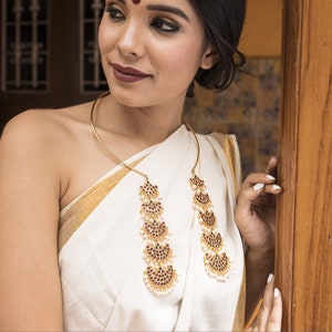 Red/Green Kemp Stones & White Pearls Statement Long Necklace | Gold Plated Traditional South Indian Jewelry | Birthday Gifts for Her