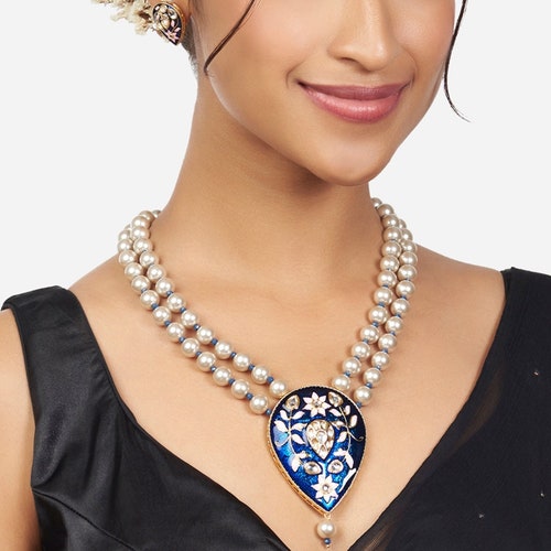 High Quality Gold Plated Kundan & Blue Agate Beads Pink Enamel Paint Shell Pearls Floral Design 2 Layered shops Necklace Set | Indian Jewelry