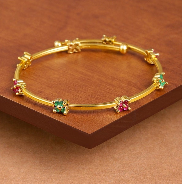 Pink/Green Stones Floral Wraparound Contemporary Adjustable Openable Kada Bracelet | Gold Plated Indian Jewelry | Gifts for Her