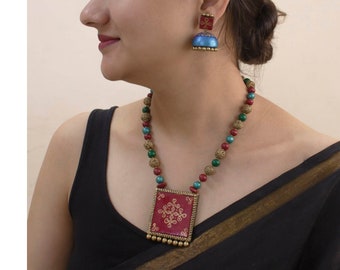 USA Duty Free | USA Duty Free | Handmade Terracotta Rangoli Necklace & Jhumka Earrings: South Indian Jewelry