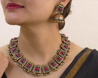 USA Duty Free | Handmade Terracotta Clay Antique Gold/Red Choker Necklace With Jhumka Earrings | Indian Handpainted Jewelry | Gifts for Her