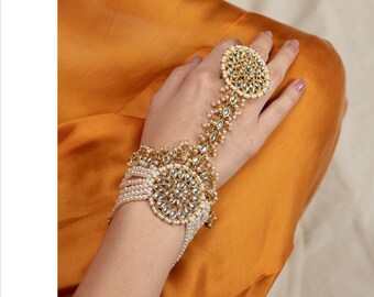White Pearls & Kundan Stones Layered Haath Phool | Gold Plated Ring Bracelet Bollywood Bridal Indian Jewelry | Gifts for Her