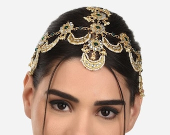 Kundan, Green Stones & Pearls Statement Bridal Matha Patti | Gold Plated Indian Traditional Wedding Hair/Head Jewelry | Gifts for Her