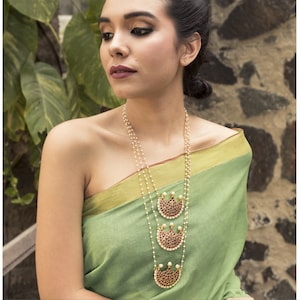 Red/Green Kemp Stones & White Pearls Statement Long Necklace | Gold Plated Traditional South Indian Jewelry | Birthday Gifts for Her