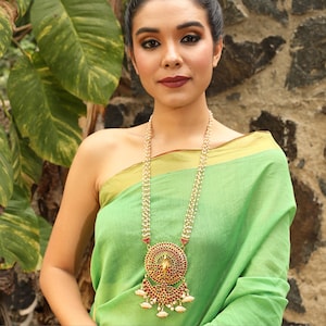 Red/Green Kemp Stones & White Pearls Statement Long Layered Necklace | Gold Plated South Indian Temple Jewelry | Gifts for Her