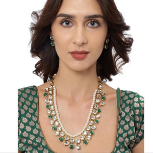 Kundan, Green Stones & White Pearls Layered Necklace With Drop Earrings | Gold Plated Indian Bollywood Jewelry | Gifts for Her