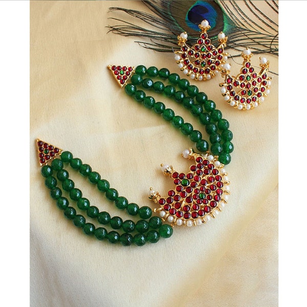 Red/Green Kemp Stones, Green Beads, Pearls Choker Necklace With Stud Earrings | Gold Plated South Indian Jewelry | Gifts for Her