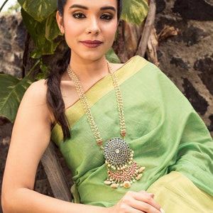 Blue/Red/Green Kemp Stones & White Pearls Statement Long Necklace | Gold Plated Traditional South Indian Jewelry | Birthday Gifts for Her