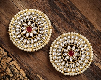 Kundan, Pink Stones & White Pearls Statement Stud Earrings | Gold Plated Bollywood Fashion Indian Jewelry | Gifts for Her