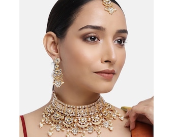 Kundan Stones & White Pearls Choker Necklace With Dangler Earrings And Maang Tikka | Gold Plated Indian Jewelry | Gifts for Her