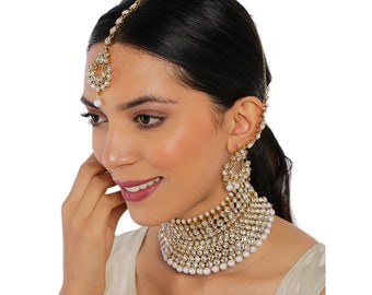 Kundan Stones & White Pearls Statement Choker With Dangler Earrings And Maang Tikka|Gold Plated Indian Jewelry Set | Gifts for Her