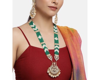 Kundan, Green Beads & White Pearls Layered Long Haram Necklace With Earrings |Gold Plated Bollywood Indian Jewelry | Gifts for Her